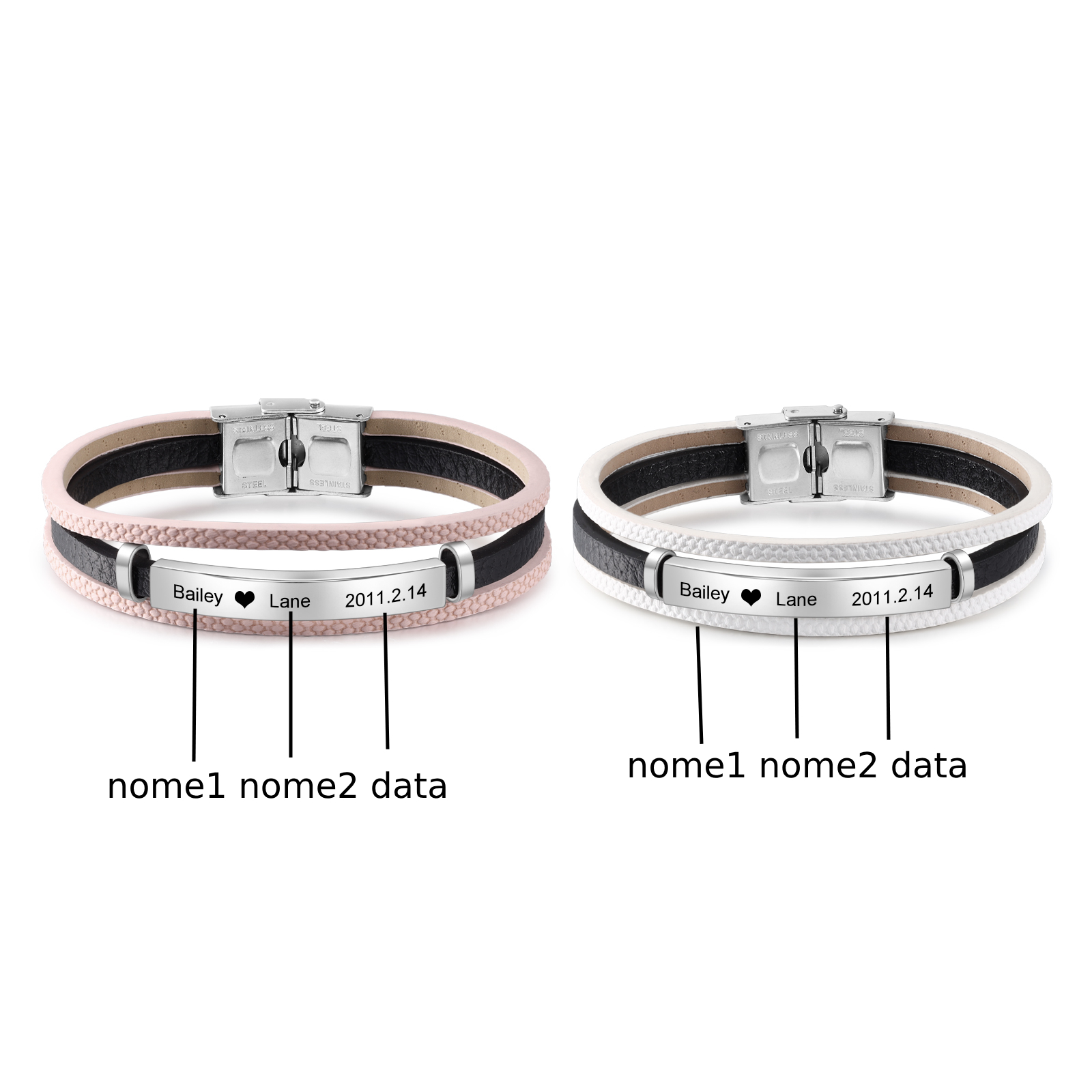 Coppia di Braccialetto rosa e bianco con 2 nomi e 1 data personalizzbili