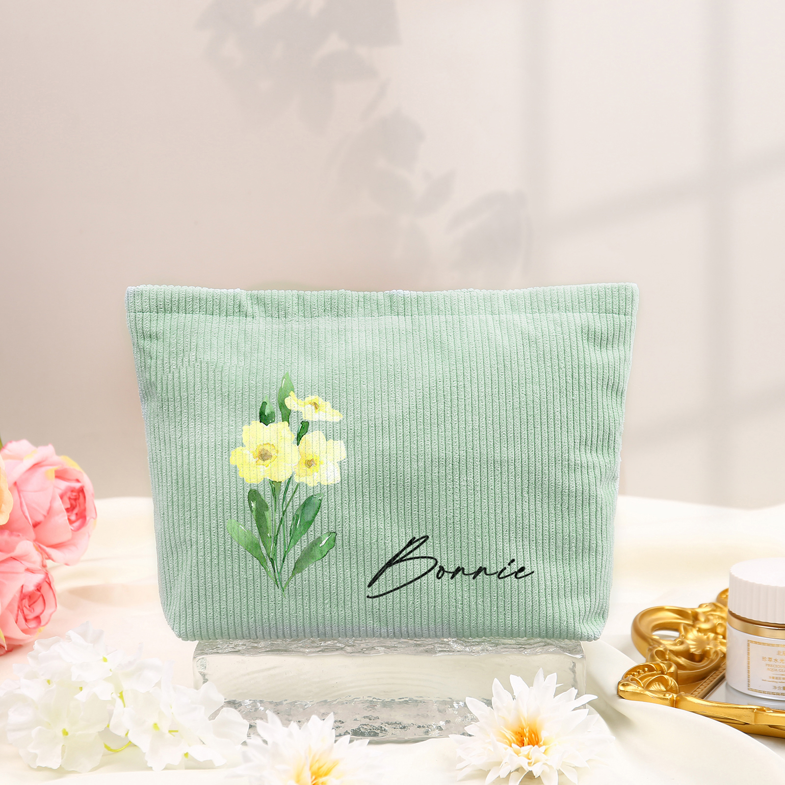 Borsa portabile per cosmetici in velluto a coste per donna 1 nome e 1 fiore di nascita personalizzato multicolori da scegliere