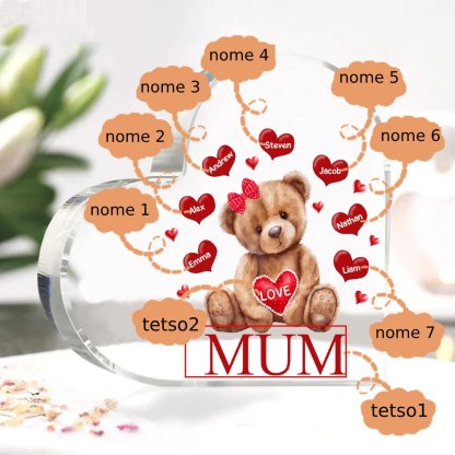 MAMMA Decorazione acrilica con orsacchiotto a forma di cuore 7 nomi e 2 testi personalizzati per mamma/nonna