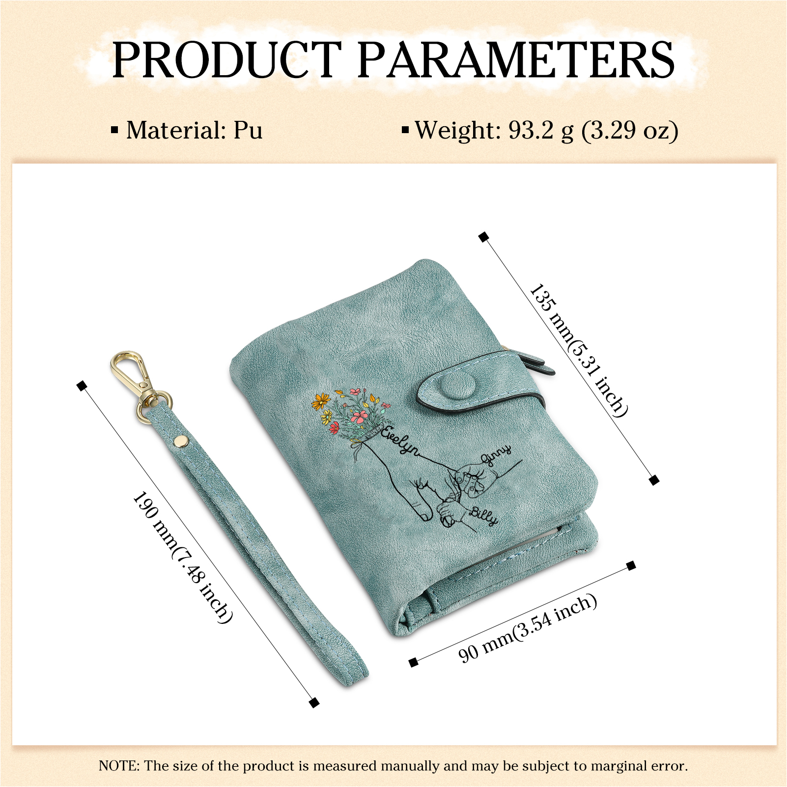 Portafoglio in PU pelle fiore mano con 3 nomi personalizzati per mamma/nonna