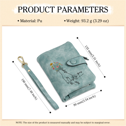 Portafoglio in PU pelle fiore mano con 3 nomi personalizzati per mamma/nonna