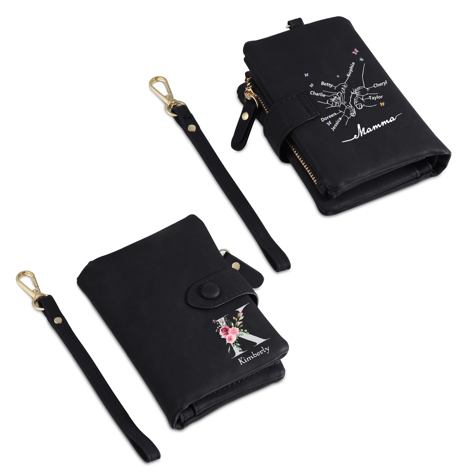 Portafoglio mano nella mano in PU pelle con 8 nomi & 1 testo & 1 lettera personalizzati per mamma