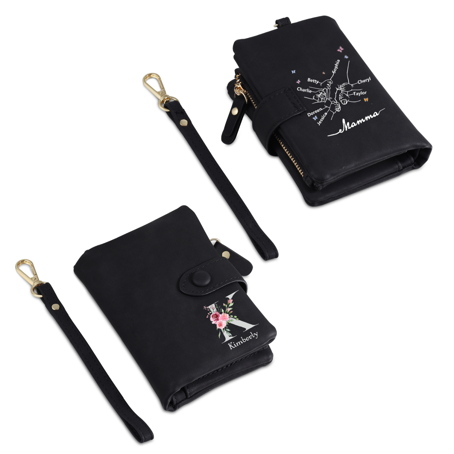 Portafoglio mano nella mano in PU pelle con 8 nomi & 1 testo & 1 lettera personalizzati per mamma