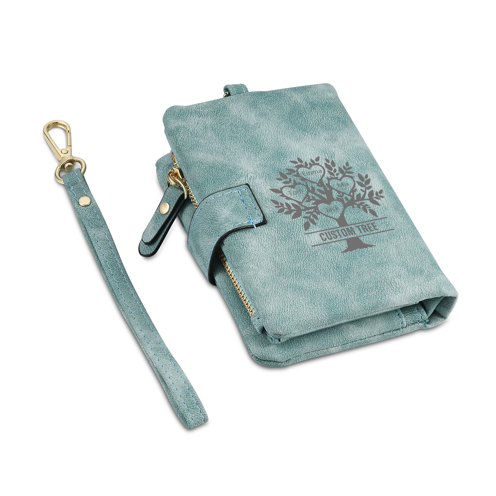 Portafoglio Albero della vita in PU pelle con 4 nomi & 1 testo & 1 lettera personalizzati per donna