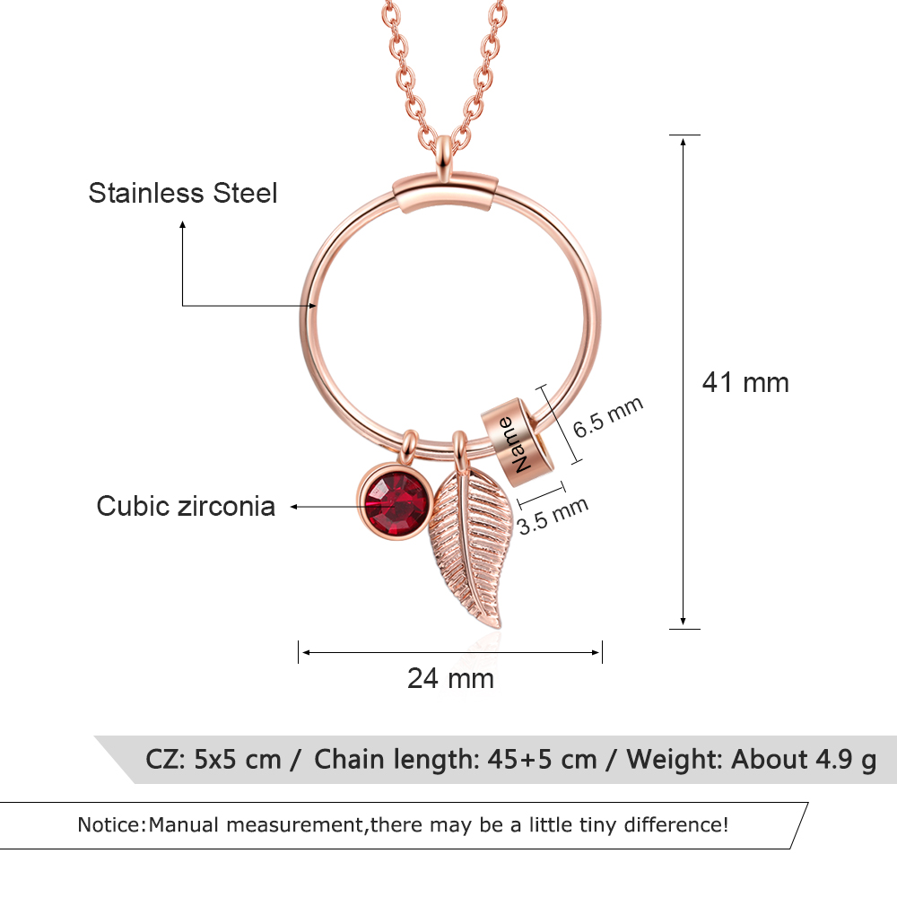 Collana con ciondolo foglia e cerchio 1 nome e 1 pietra di nascita personalizzati regalo per donna