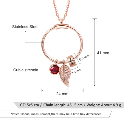 Collana con ciondolo foglia e cerchio 1 nome e 1 pietra di nascita personalizzati regalo per donna