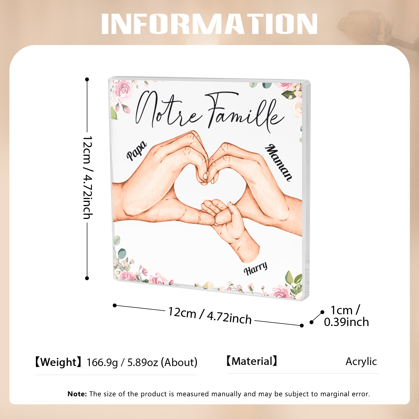 Festa della Mamma Decorazione acrilica mano nella mano a cuore 3 nomi e 1 testo personalizzati per famiglia