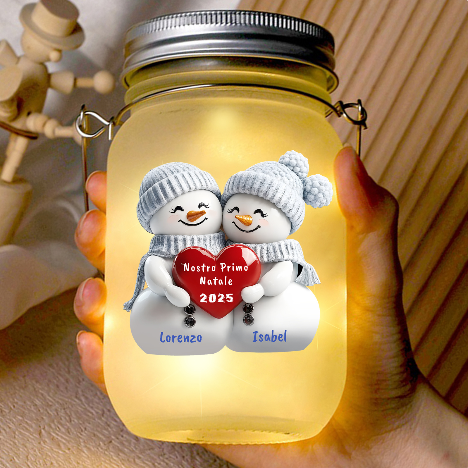 Bottiglia luminosa personalizzata, barattolo solare con pupazzo di neve, primo Natale