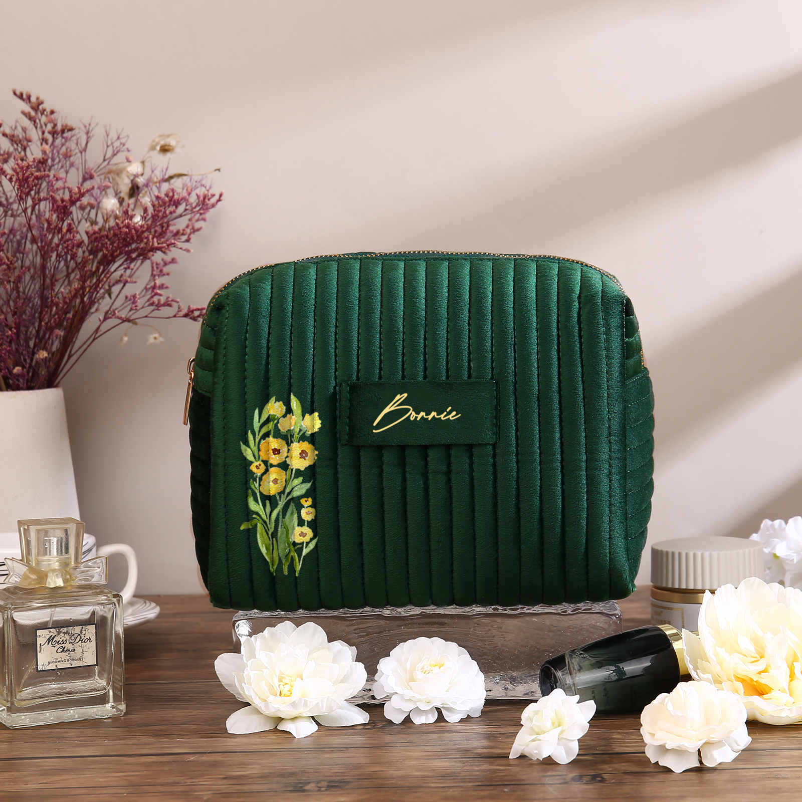 Borsa portabile per cosmetici in velluto per donna 1 nome e 1 fiore di nascita personalizzato multicolori da scegliere