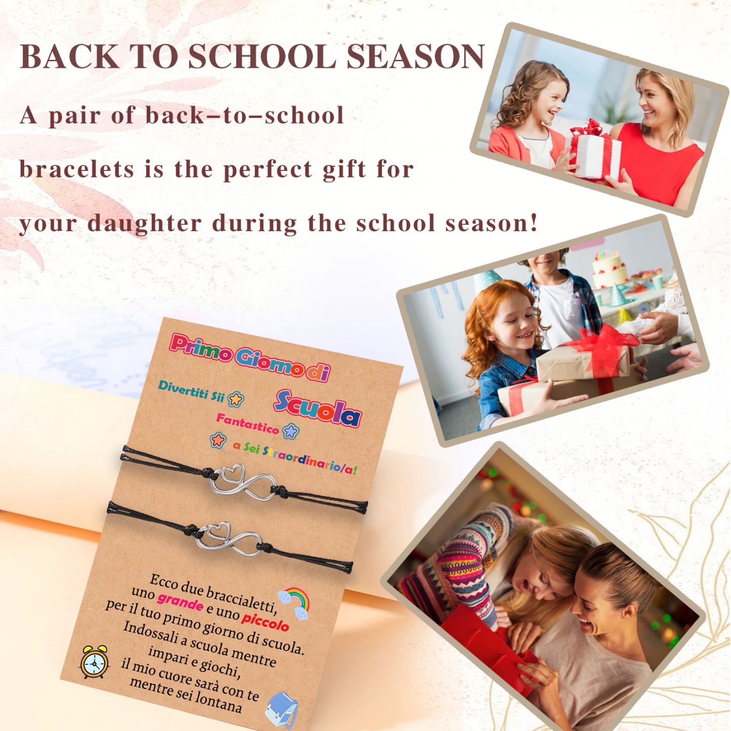 2PCS Braccialetto cuore e infinito regorabile regalo per bambina a scuola con carta