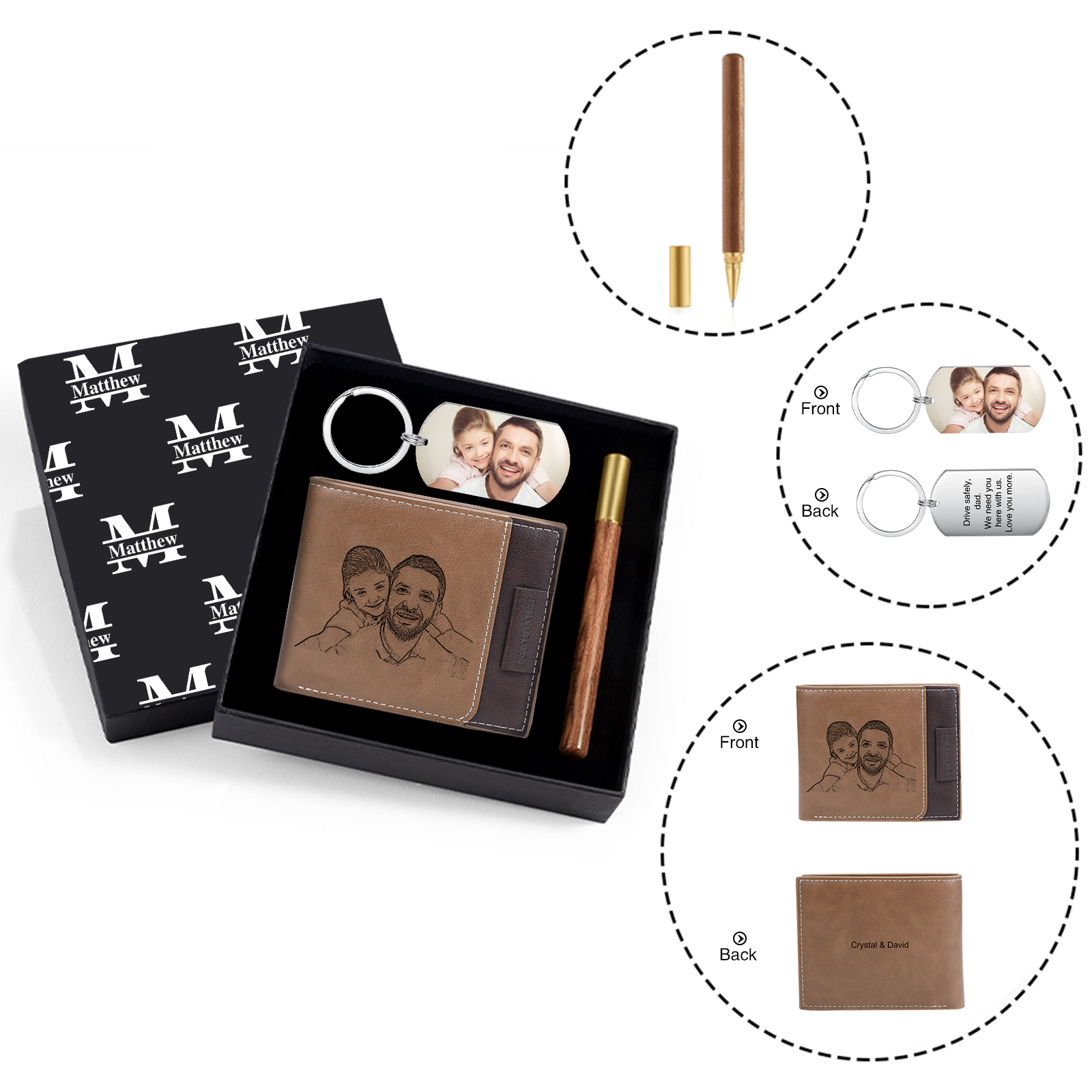 Photo Personalized Leather Wallet Gift Box Set with Keychain Customizable 2 Text, 1 Name and 1 Letter Wallet Gift for Him