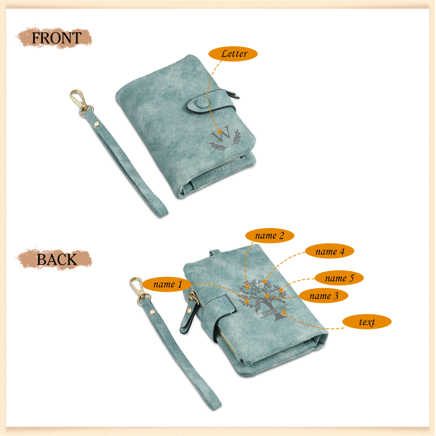 Portafoglio Albero della vita in PU pelle con 5 nomi & 1 testo & 1 lettera personalizzati per donna