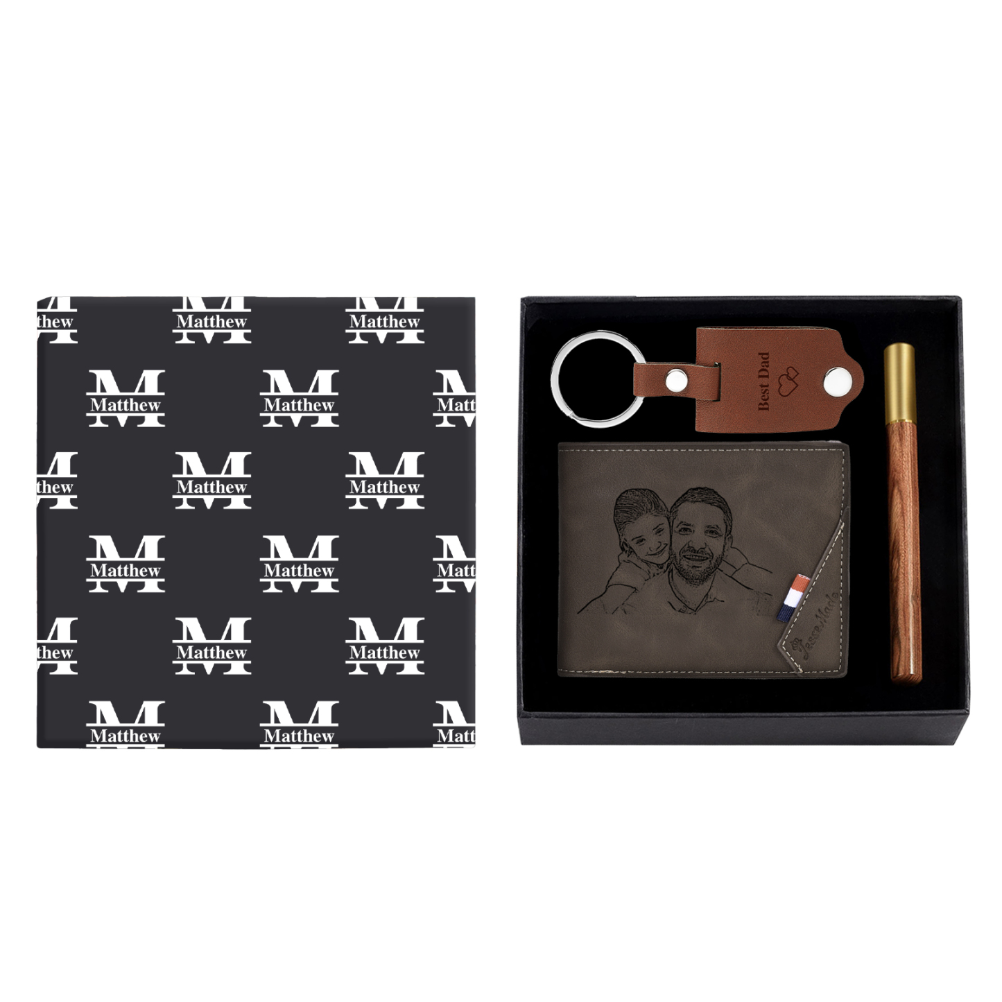 Personalized Leather Wallet Gift Box Set with Keychain Customizable Photo,Text ,Name and Letter Wallet Gift for Him