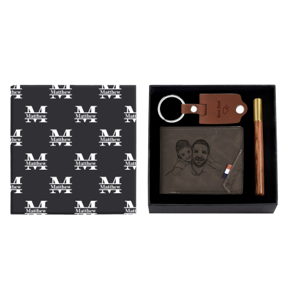 Personalized Leather Wallet Gift Box Set with Keychain Customizable Photo,Text ,Name and Letter Wallet Gift for Him