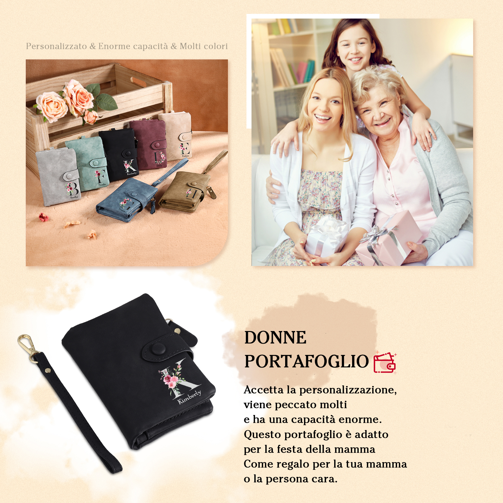 Portafoglio mano nella mano in PU pelle con 5 nomi & 1 testo & 1 lettera personalizzati per mamma