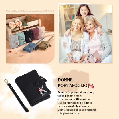 Portafoglio mano nella mano in PU pelle con 5 nomi & 1 testo & 1 lettera personalizzati per mamma