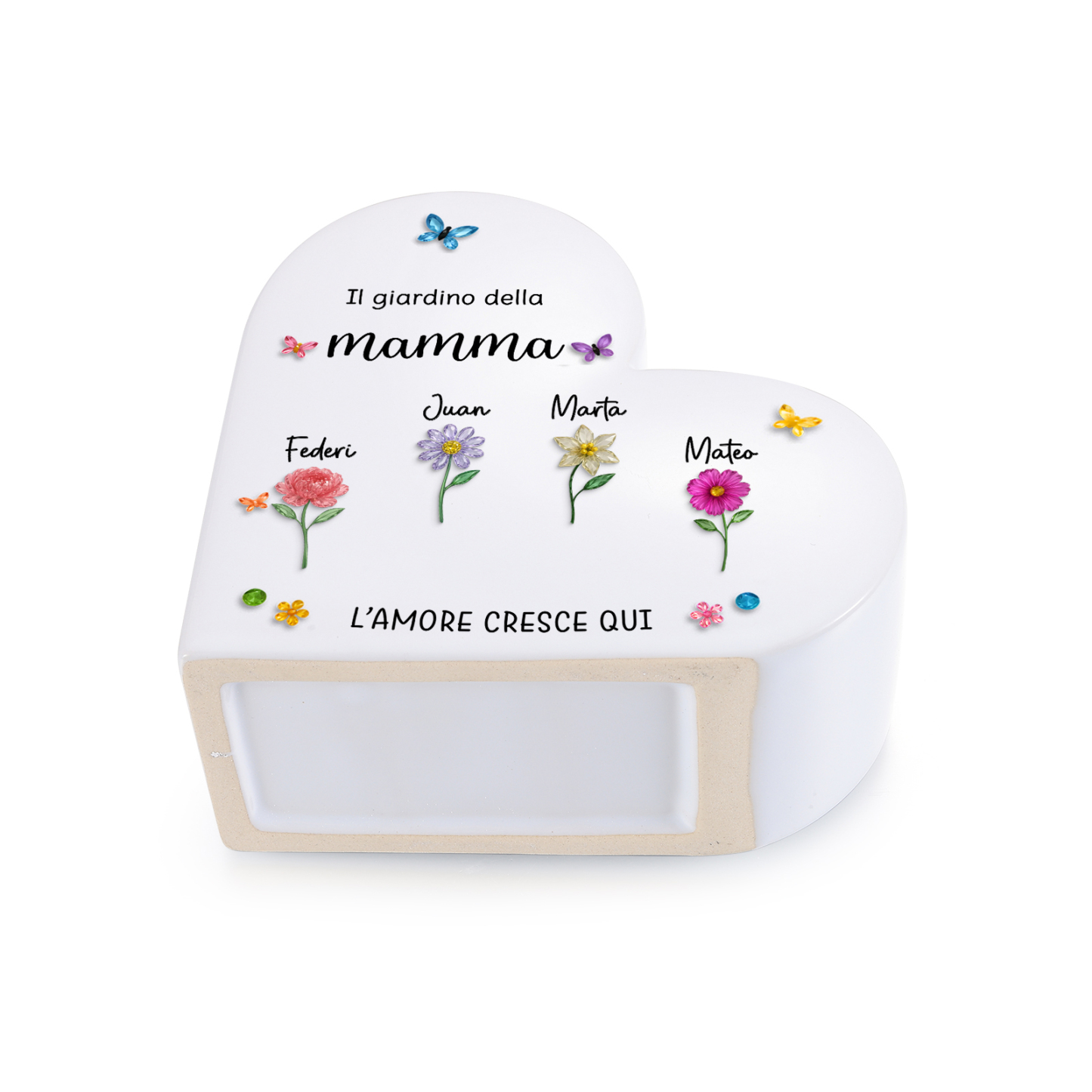 Vaso a Cuore in Ceramica Personalizzato con 1–10 Nomi e Fiori di nascita per Mamma/Nonna