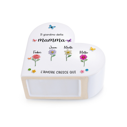Vaso a Cuore in Ceramica Personalizzato con 1–10 Nomi e Fiori di nascita per Mamma/Nonna