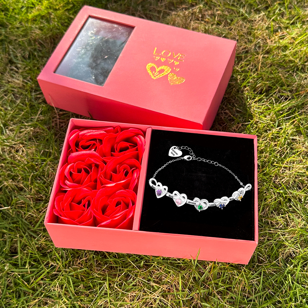 Braccialetto da cuore a cuore personalizzato con 5 pietre di nascita e 5 nomi personalizzati regalo per donna
