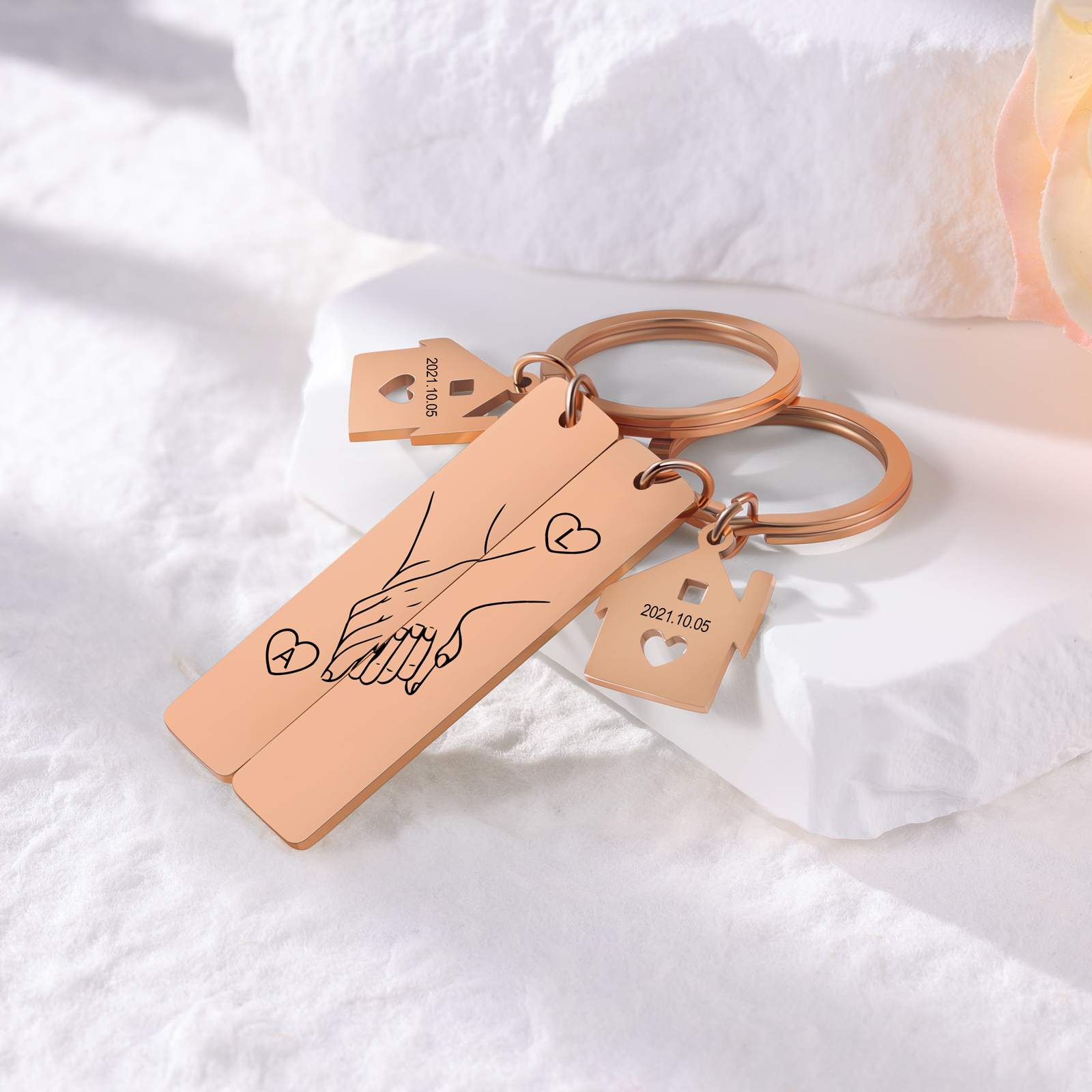 Portachiavi personalizzabile con 2 lettere e data dolce casa 🏠 scatola rosa regalo coppia