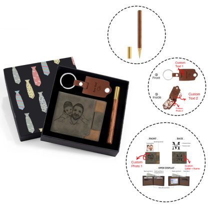 Personalized Leather Wallet Gift Box Set with Keychain Customizable Photo,Text ,Name and Letter Wallet Gift for Him