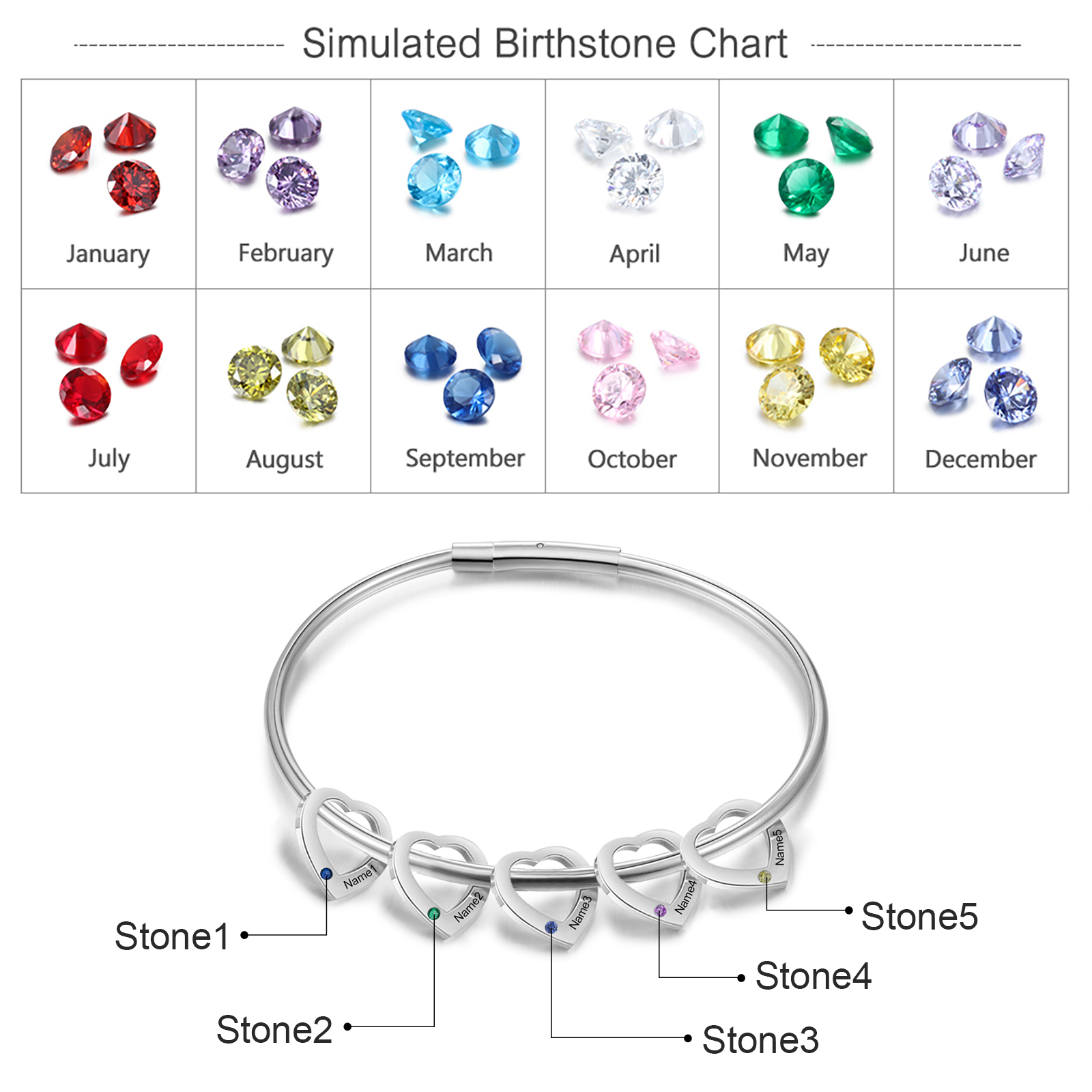 5 Names-Personalized Heart Bracelet With 5 Birthstones Bangle Engraved Names Bracelet Gift For Women