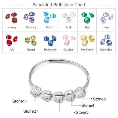 5 Names-Personalized Heart Bracelet With 5 Birthstones Bangle Engraved Names Bracelet Gift For Women