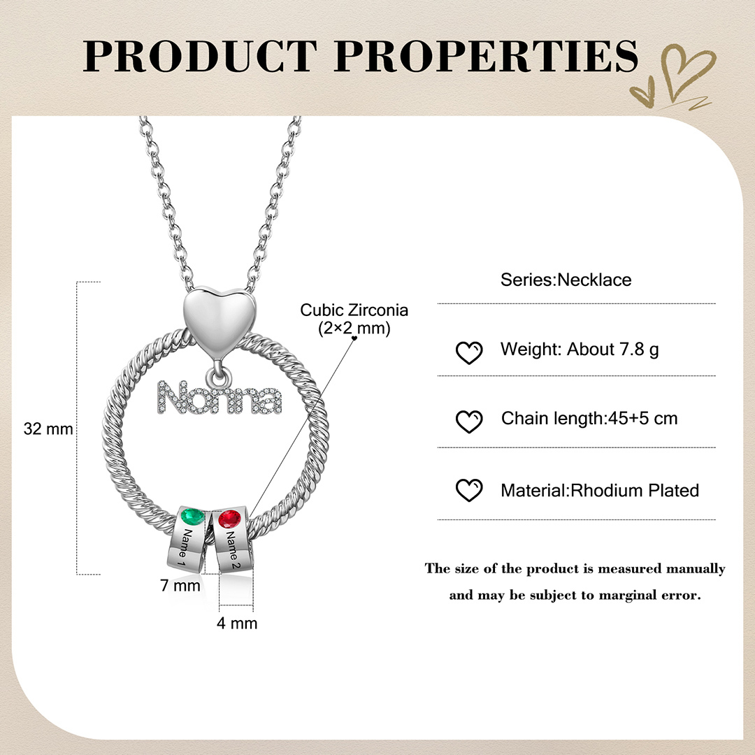 Collana con ciondolo nonna 2 nomi incisioni e pietre di nascita personalizzate