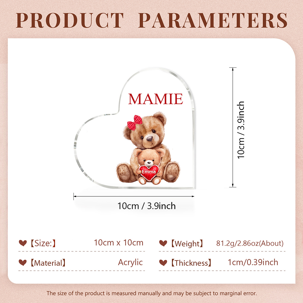 MAMMA Decorazione acrilica con 1 orsacchiotto a forma di cuore 1 nome e 1 testo personalizzati per mamma/nonna