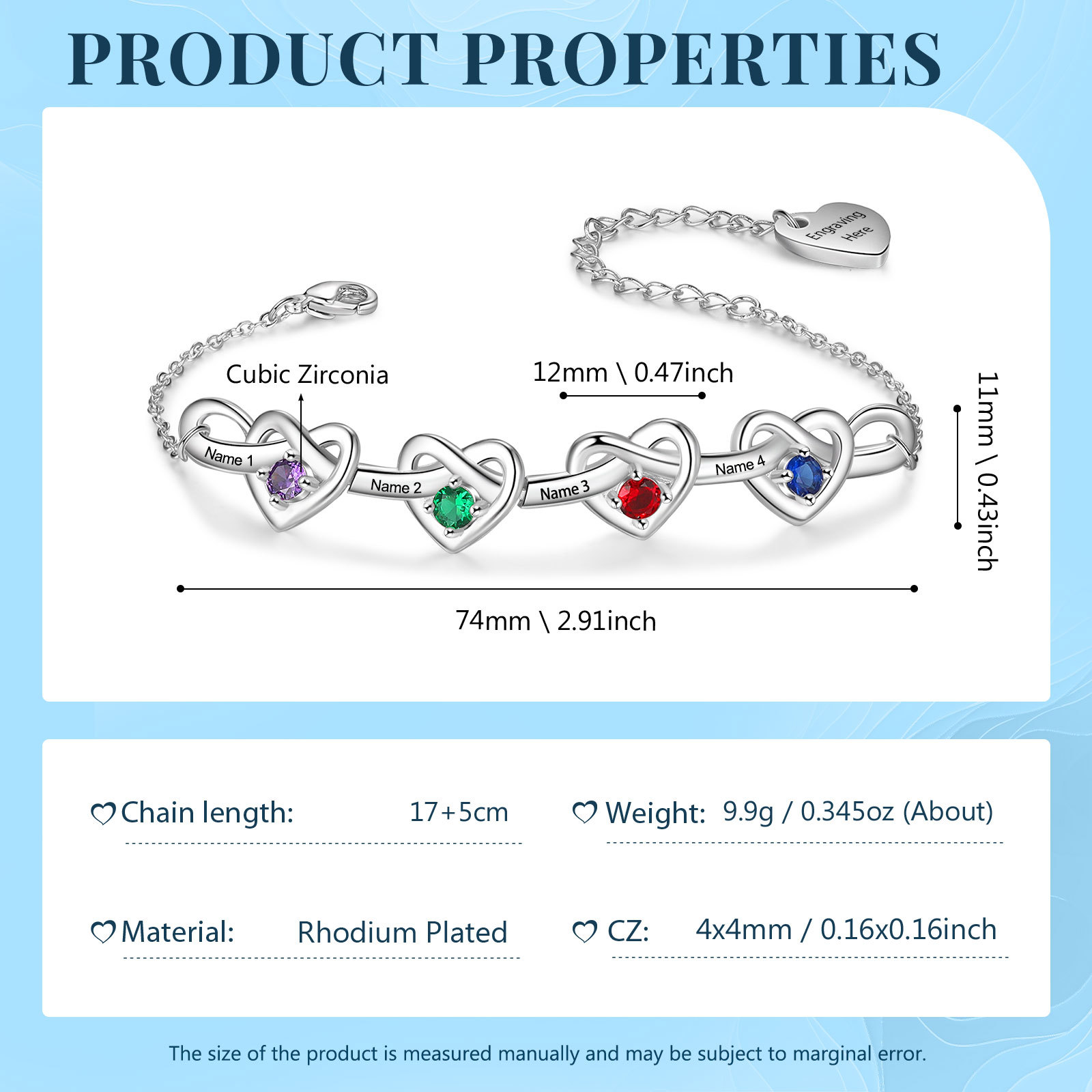 Braccialetto da cuore a cuore personalizzato con 4 pietre di nascita e 4 nomi personalizzati regalo per donna