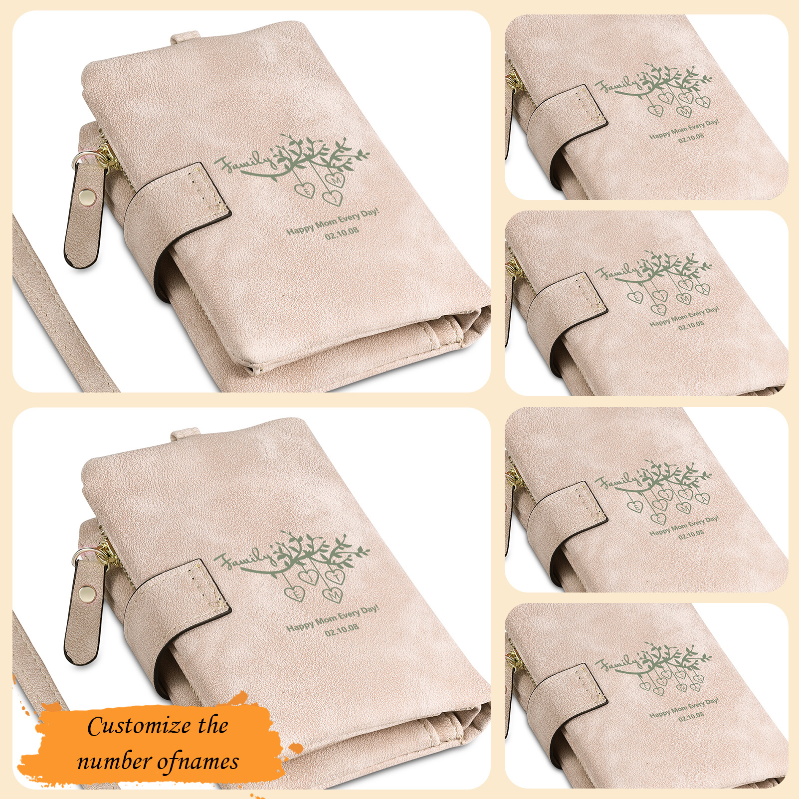 Portafoglio in PU pelle albero di vita con 7 letetre & 1 testo & 1 nome personalizzati per mamma/nonna