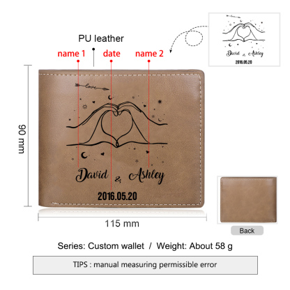 Portafoglio in pelle per coppia cuore 1 foto e 2 nomi personalizzabili