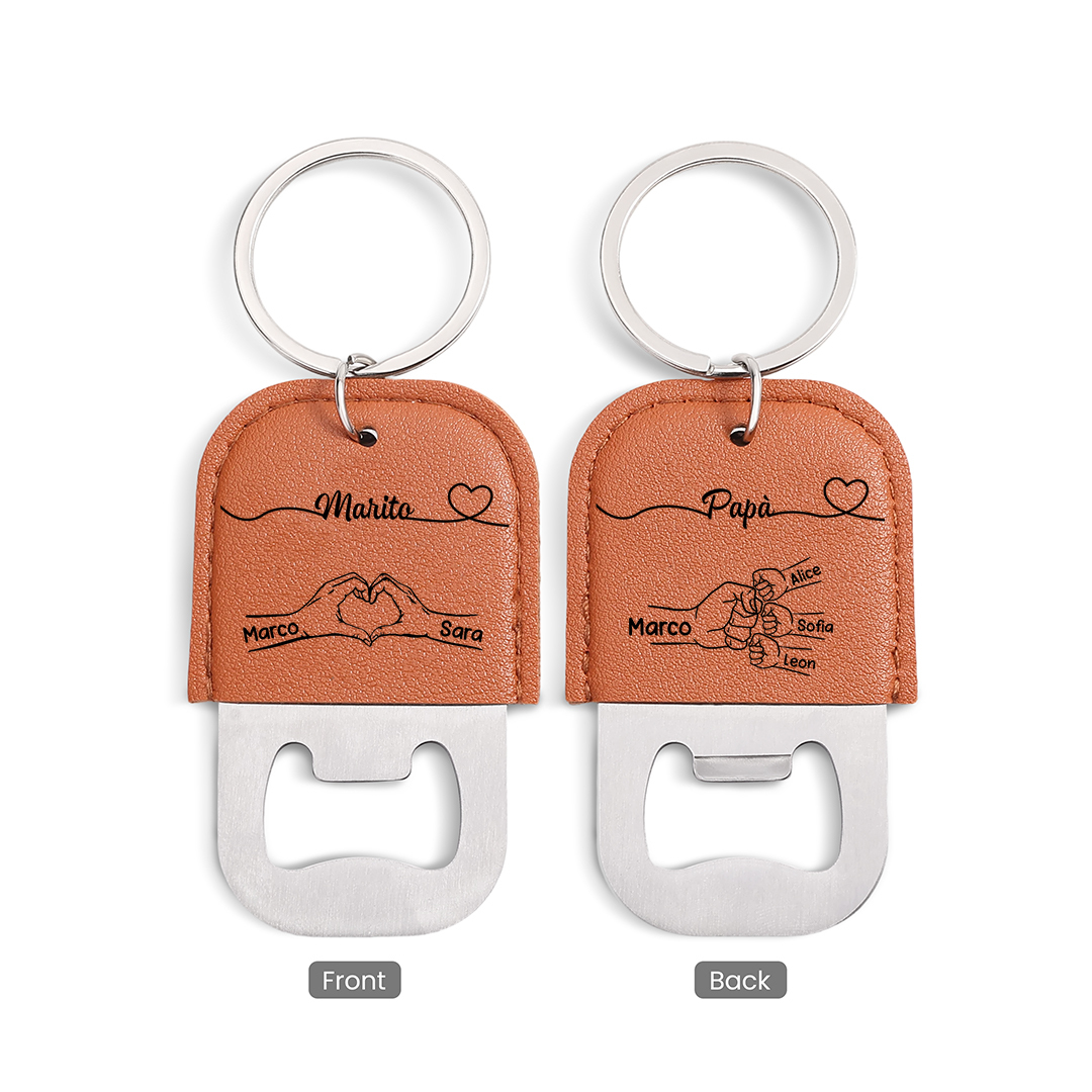 Portachiavi apribottiglie personalizzato con nome e pugno in pelle per papà o marito