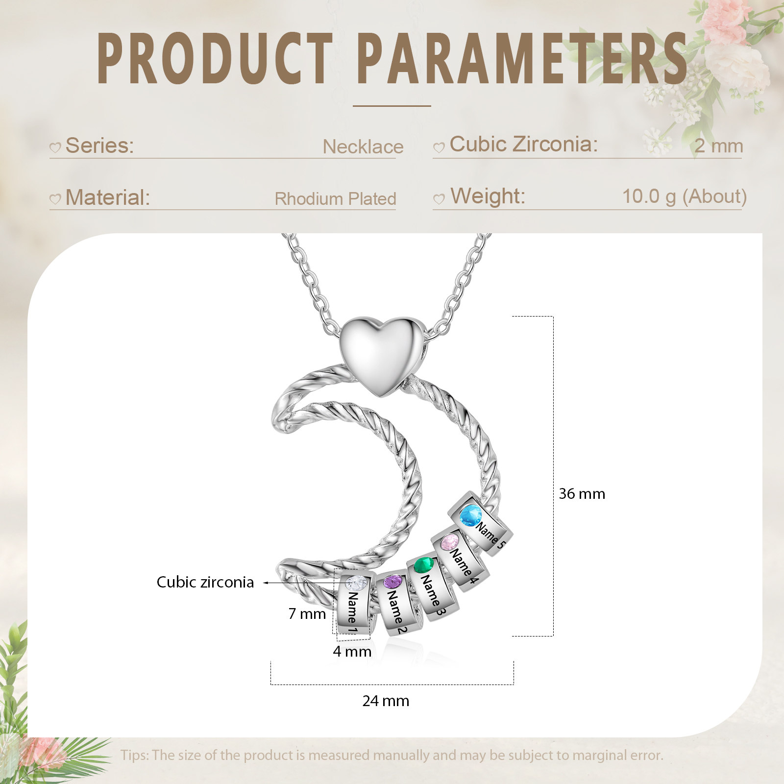 Collana Luna con 5 nomi e 5 pietre personalizzati per donna