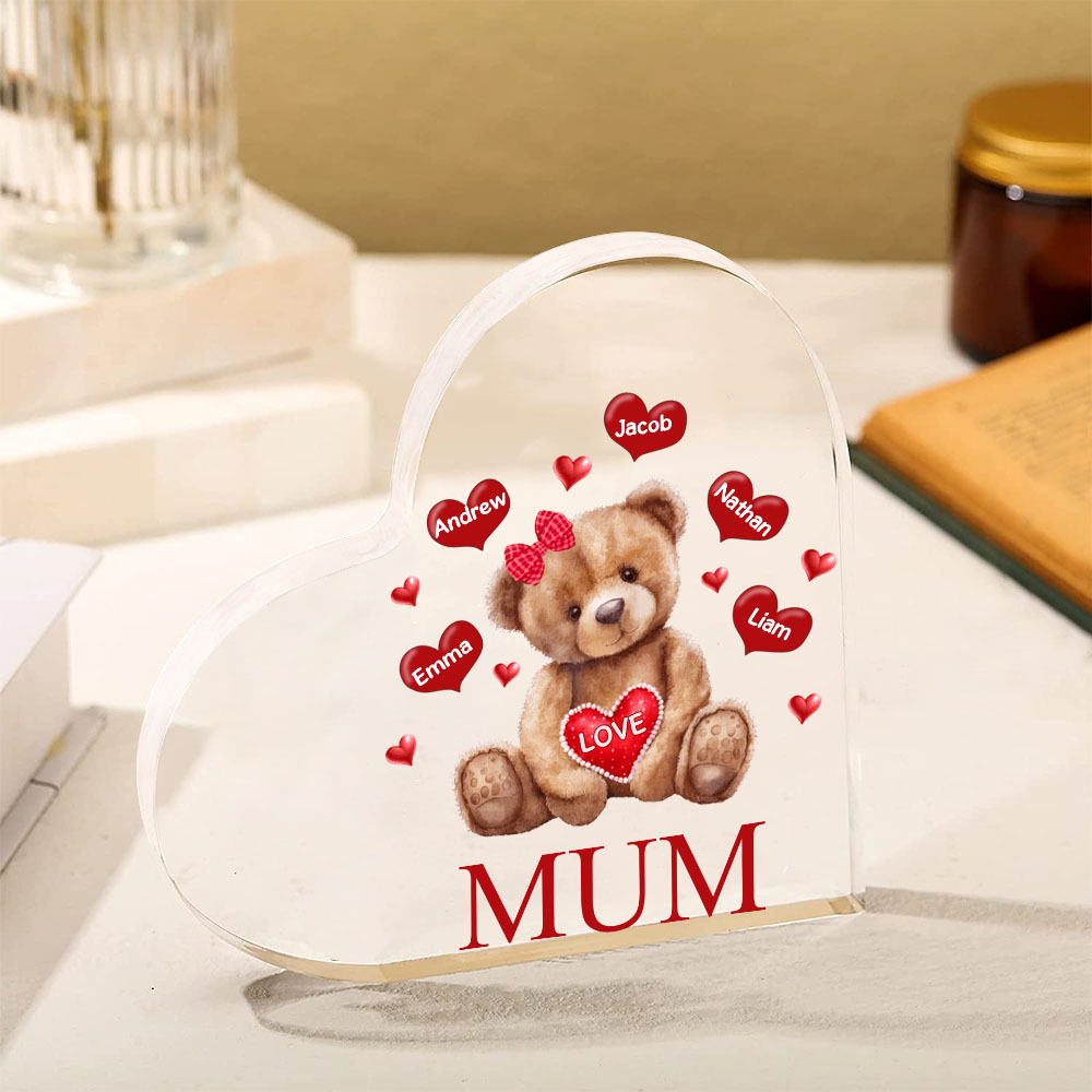 MAMMA Decorazione acrilica con orsacchiotto a forma di cuore 5 nomi e 2 testi personalizzati per mamma/nonna
