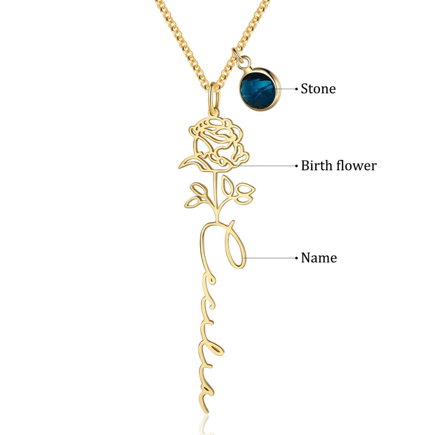 Collana 925 Argento Fiore elegante con 1 pietra di nascita e 1 nome e 1 fiore di nascita personalizzabili per donna