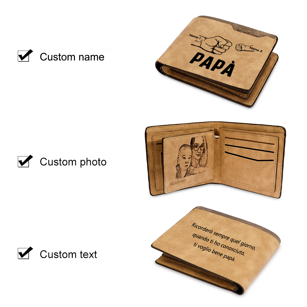 Portafoglio Pelle PU pelle pugno mano regalo per papà personalizzato 2 nomi 1 testo e 1 foto