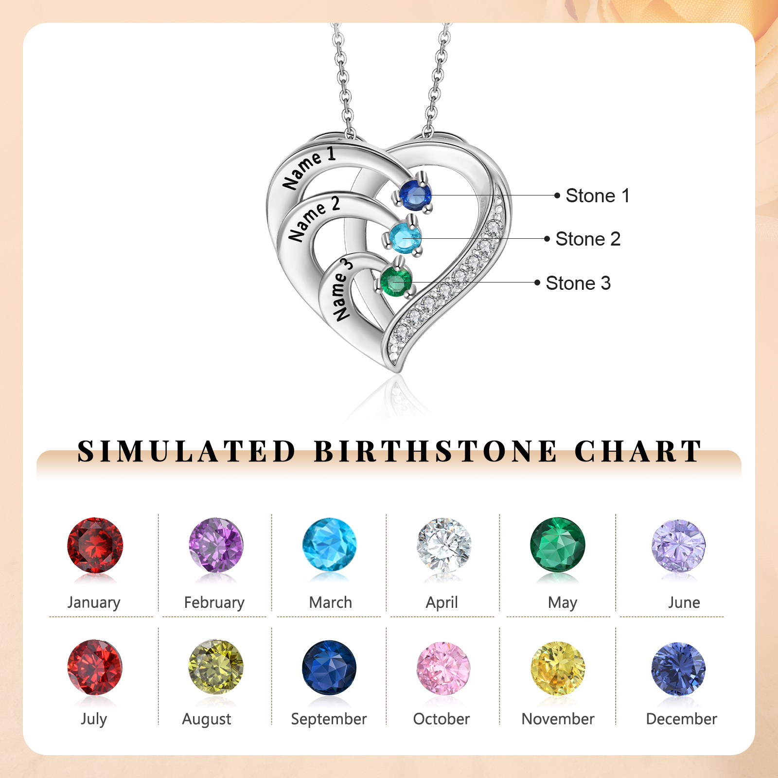 Argento S925 Collana con 3 nomi personalizzati e 3 pietre di nascita in ciondolo a cuore