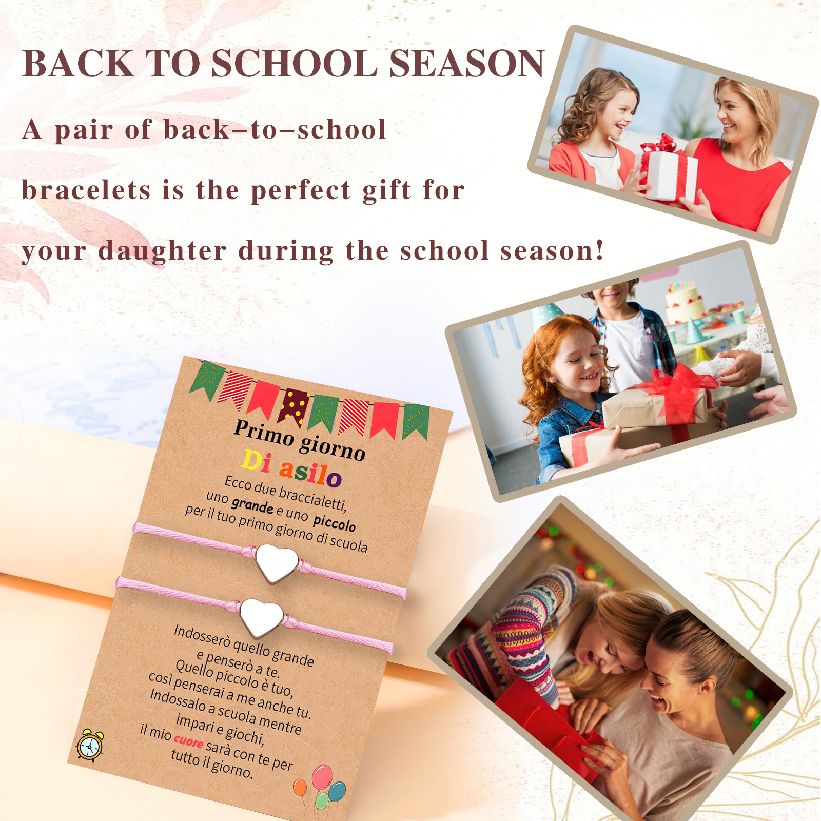 2PCS Braccialetto cuore regorabile regalo per bambina con carta