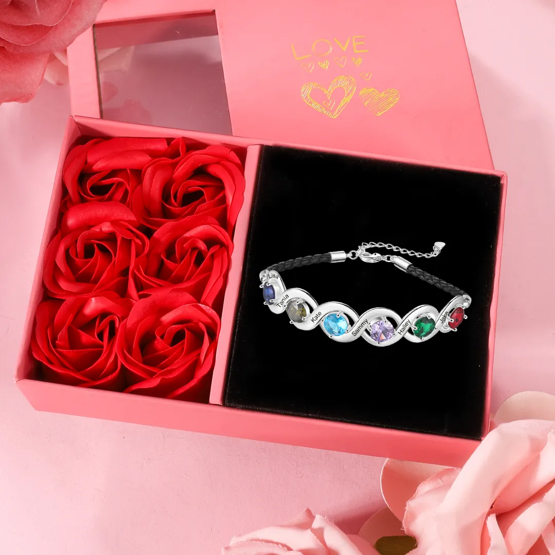 Braccialetto infinito personalizzato con 6 nomi e 6 pietre di nascita regalo per donna