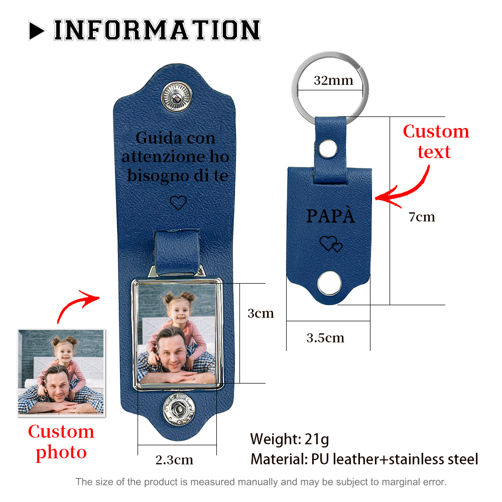 Guida con attenzione-Portachiavi Pelle 1 foto e 1 testo personalizzabili per Papà