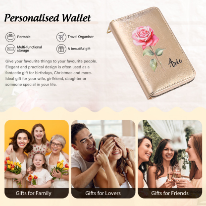 Portafoglio in PU pelle con 1 fiore di nascita & 1 nome personalizzati per mamma/nonna