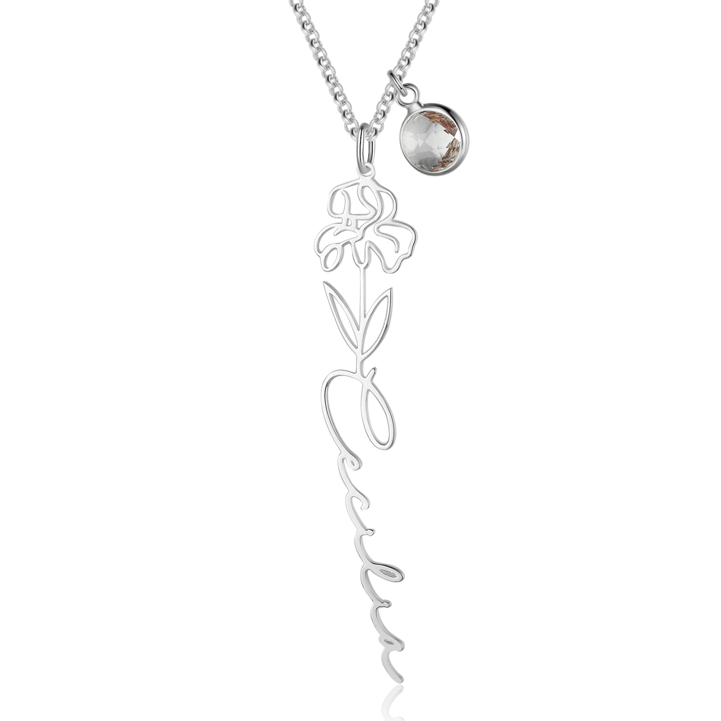 Collana 925 Argento Fiore elegante con 1 pietra di nascita e 1 nome e 1 fiore di nascita personalizzabili per donna