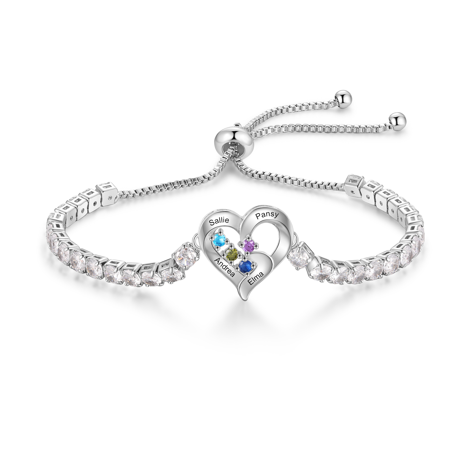 Bracciale Cuore ornato di zirconia cubica con Pietre di nascita e Nomi