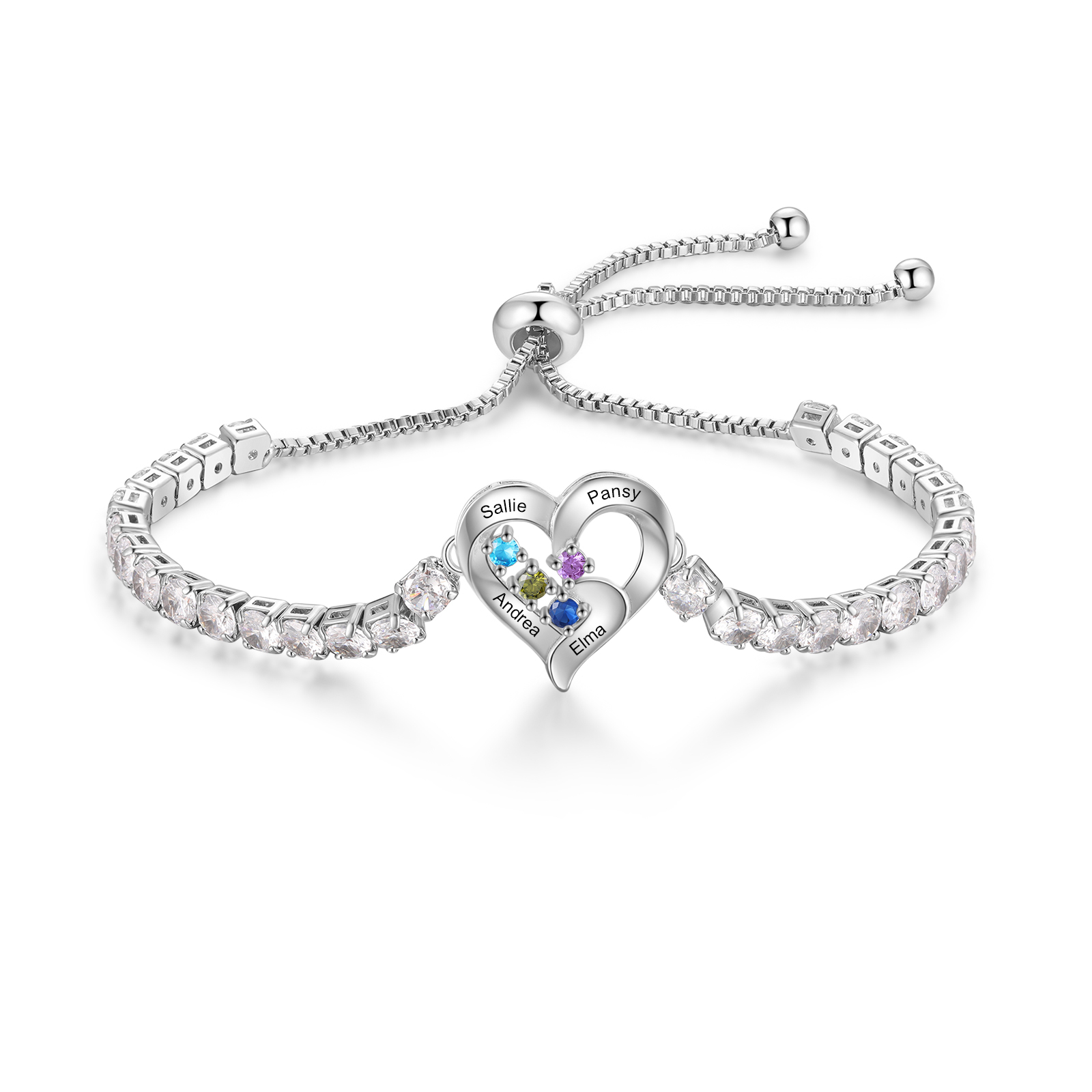 Bracciale Cuore ornato di zirconia cubica con Pietre di nascita e Nomi