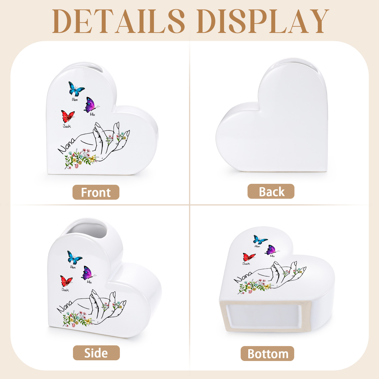 Vaso Cuore in Ceramica Personalizzato con 2-8 Nomi e Farfalle