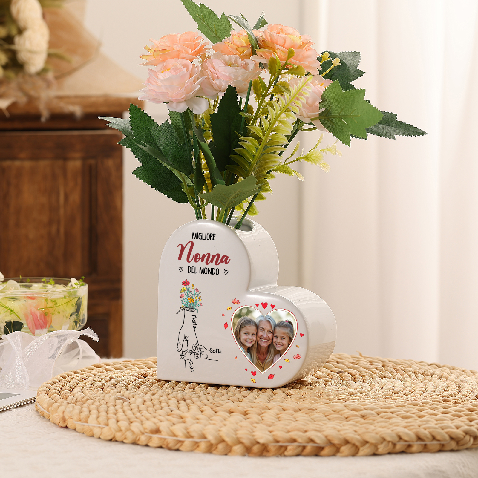 Vaso a cuore in ceramica “Migliore Mamma/Nonna del mondo” personalizzato con 1-6 nomi e 1 foto