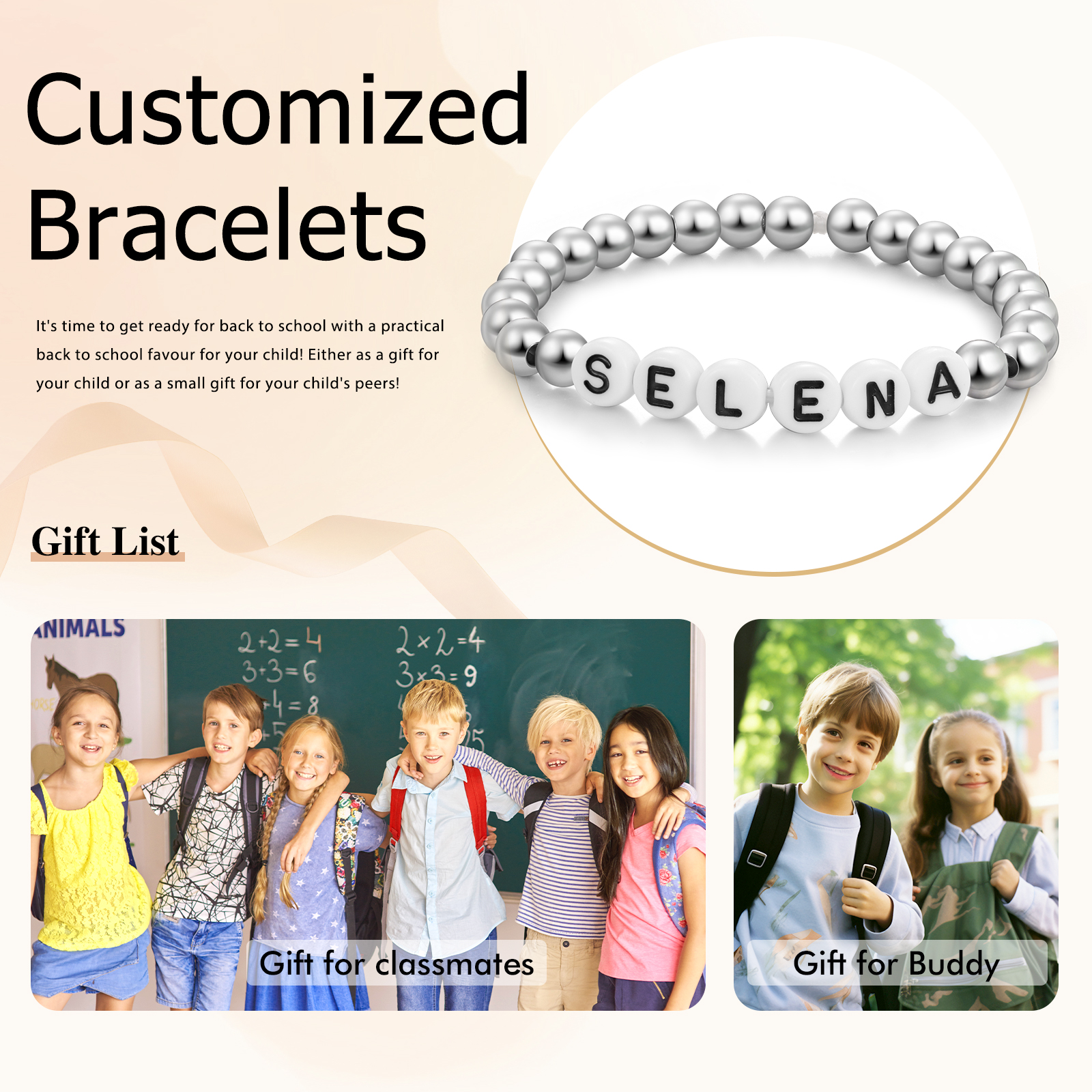 Braccialetto acciaio inox con perline trasparenti di 1 nome personalizzato regalo per scuola bambina