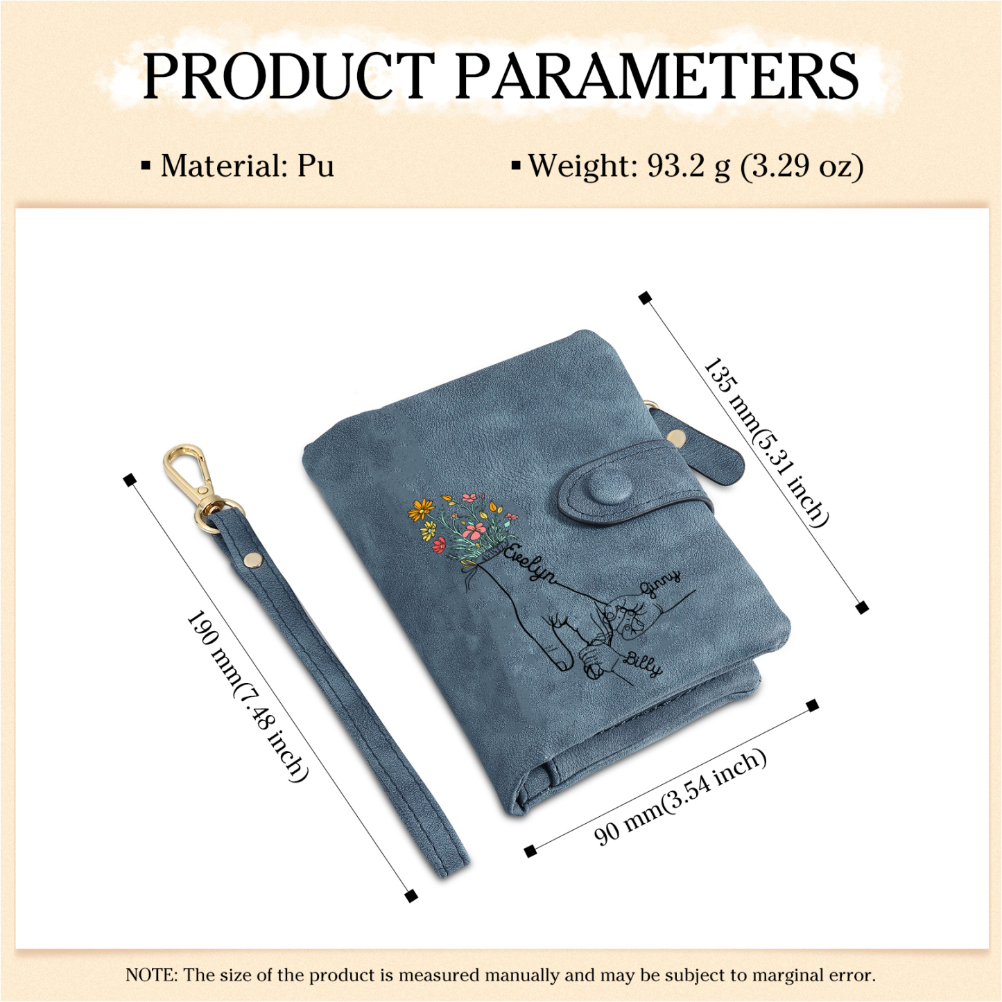 Portafoglio in PU pelle fiore mano con 3 nomi personalizzati per mamma/nonna