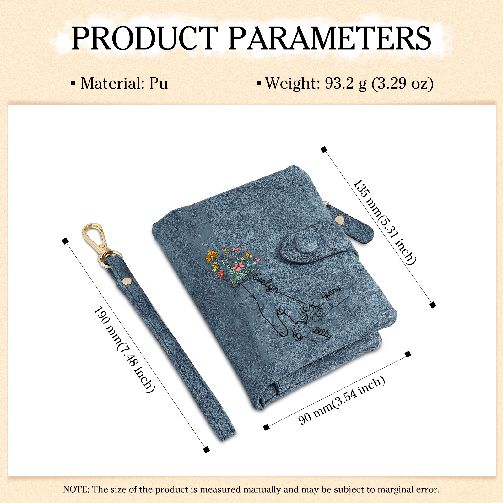 Portafoglio in PU pelle fiore mano con 3 nomi personalizzati per mamma/nonna